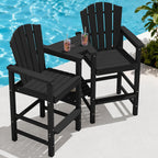 KINGYES Tall Adirondack Chair Set of 2 with Double Connecting Trays, Outdoor HDPE Adirondack Barstools, High Airondack Chair with Wood Grain, Embossed Balcony Chair for Backyard, Black