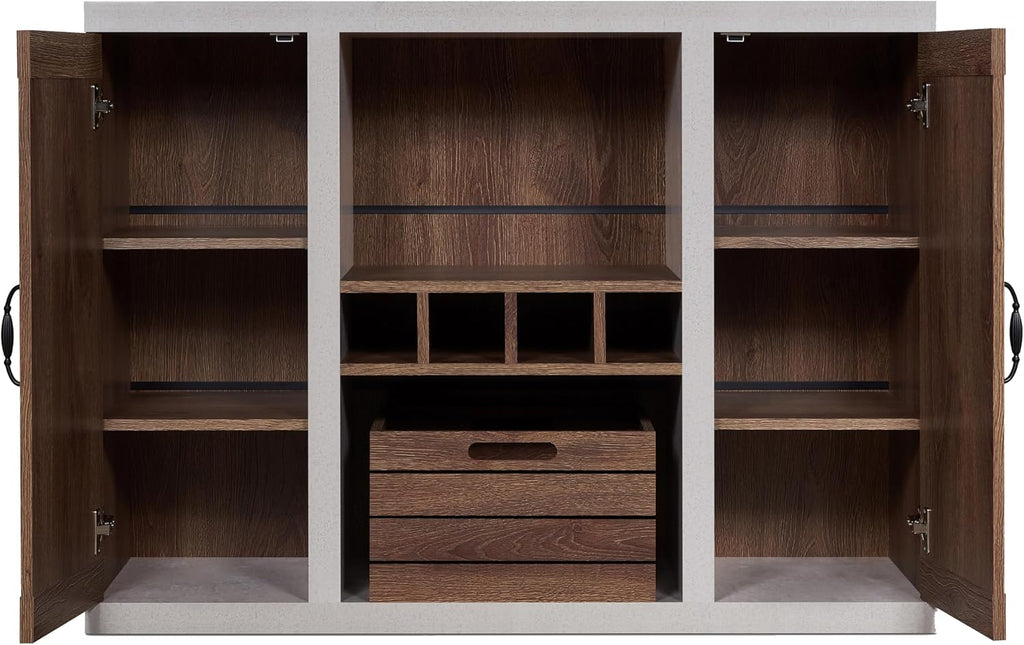 HOMES: Inside + Out Cato Industrial Two-Tone Buffet with Open Shelf, Wine Bottle Holder, Slatted Drawer and Cabinets, Distressed Walnut and Cement