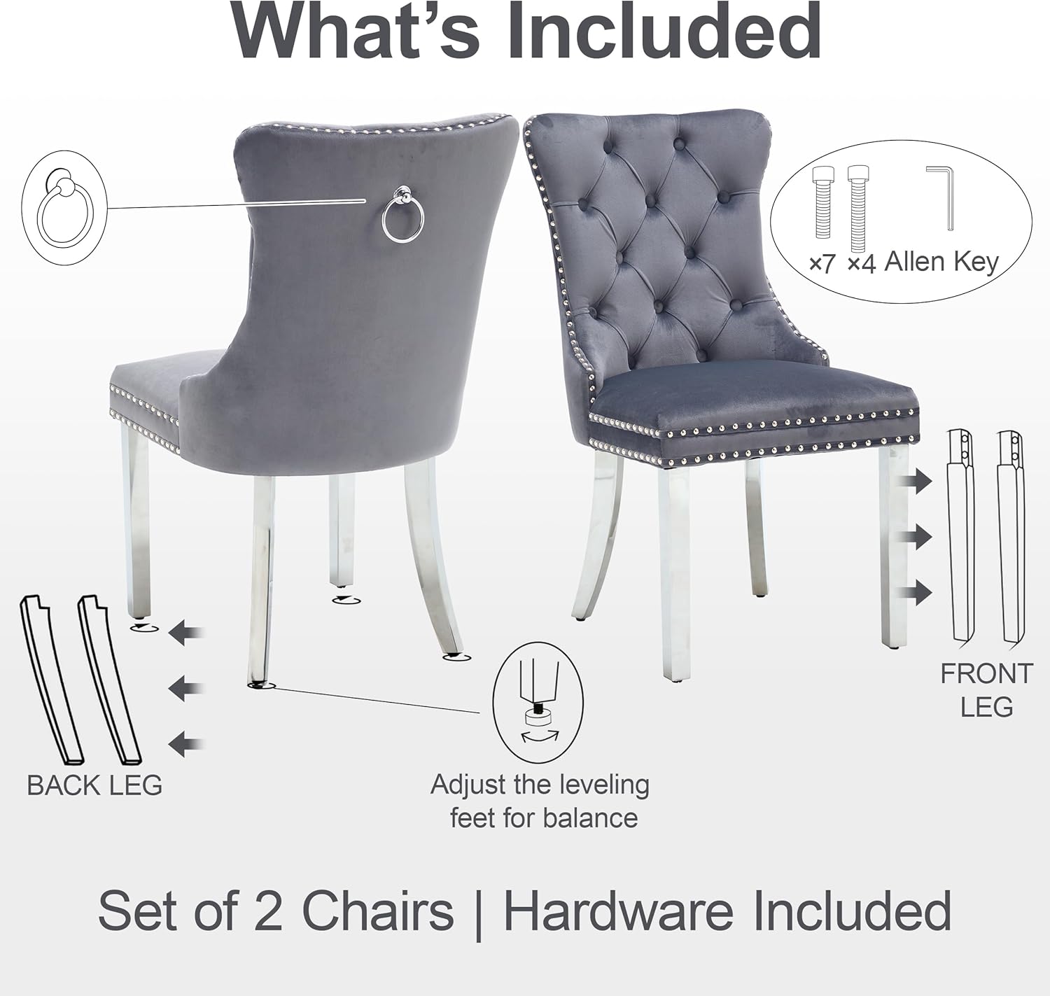 Velvet Dining Chairs Set of 4, Upholstered Dining Room Chairs with Tufted Back & Pull Ring, Modern Kitchen and Dining Chairs, Accent Chairs with Metal Legs (Dark Gray + Silver, Set of 4)