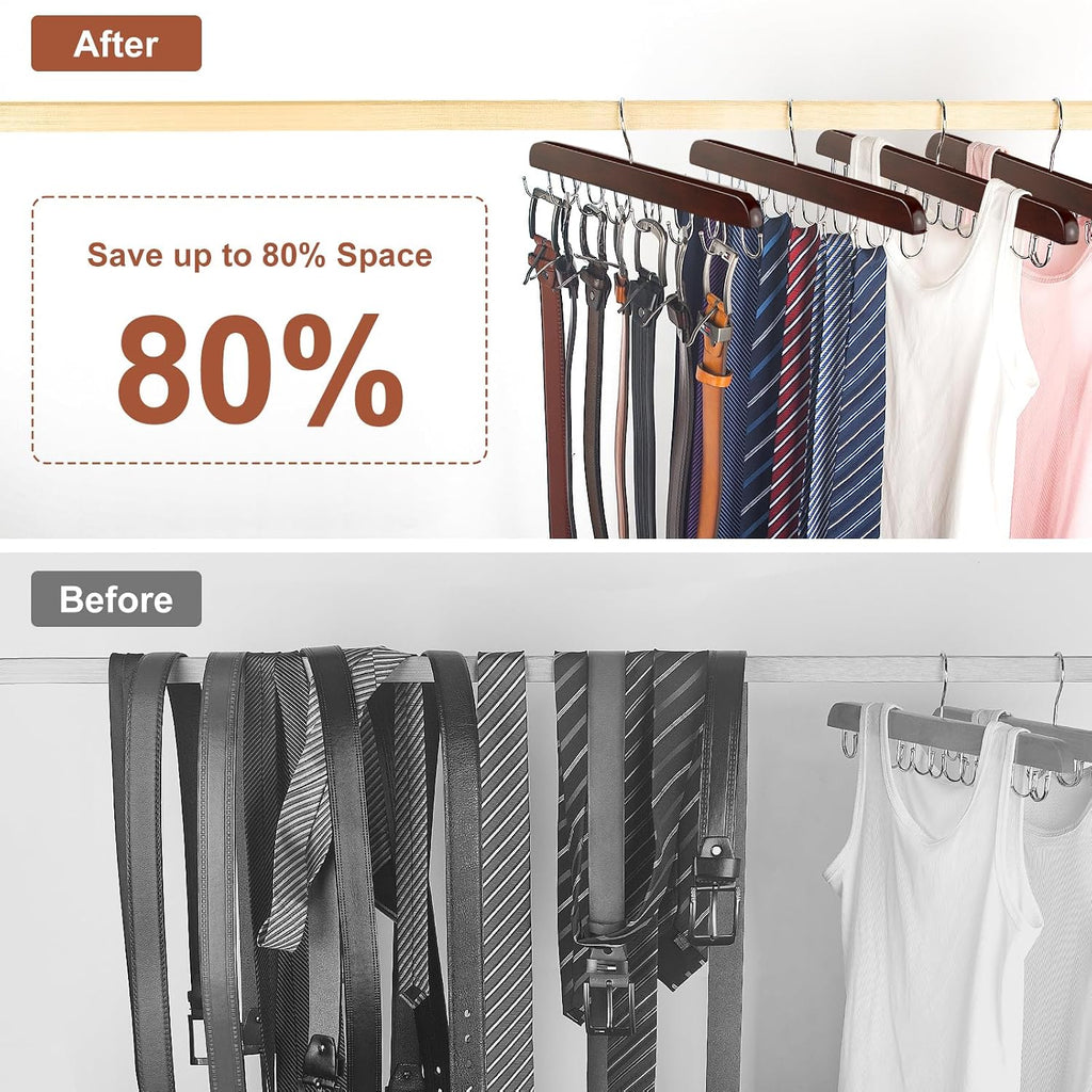 Belt Hanger for Closet, Sturdy Wood Belt Rack Closet Accessories with 14 Hooks Belt Organizer for Closet Organizers and Storage Max 42 Belts-Mahogany 2 Pack