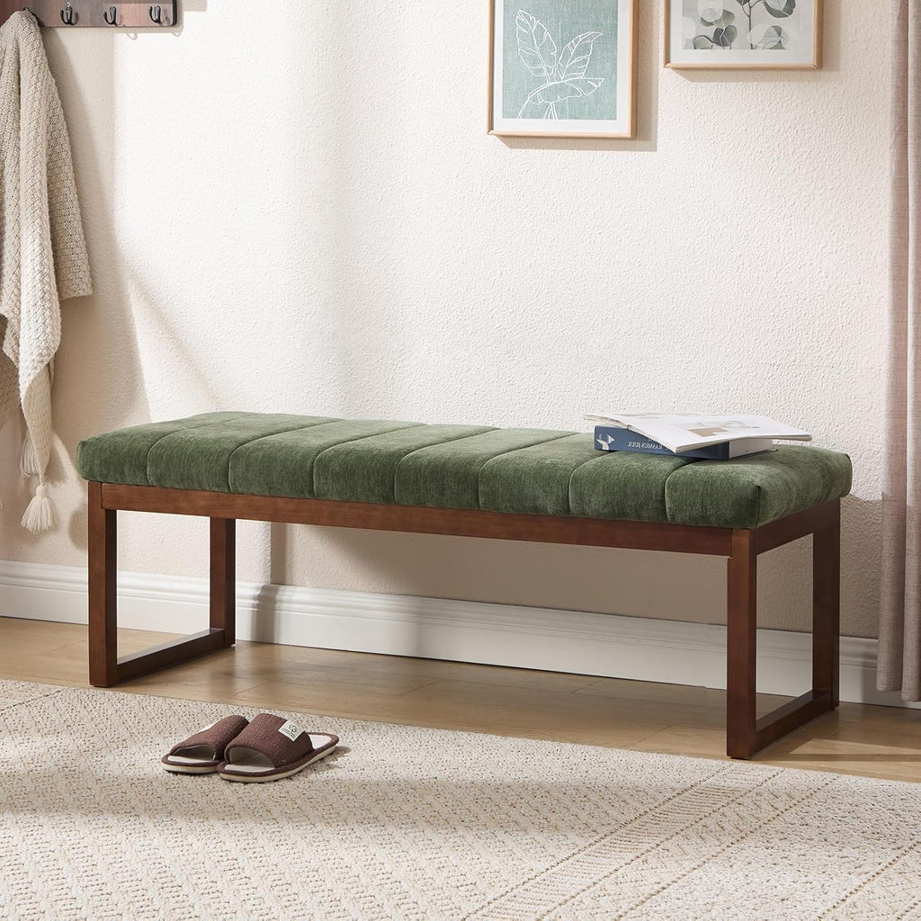Bedroom Bench for End of Bed, 53.2" Modern Upholstered Chenille Fabric Entryway Bench & Window Bench, Footrest Stool Bench with Solid Wood Frame for Bedroom Living Room, Green