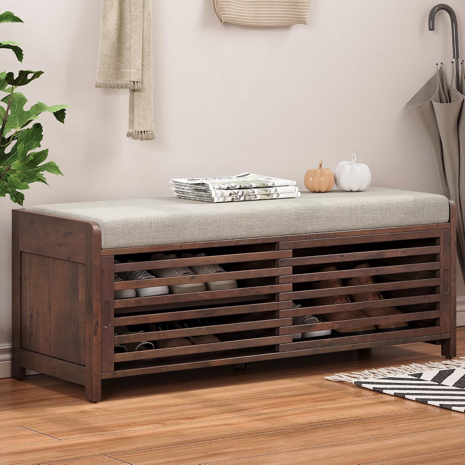 SOFTSEA Shoe Storage Bench with Cushion, 2-Tier Entryway Bench with Sliding Shutter Doors for Entryway, Bedroom, Living Room, Farmhouse Style, 43.3" W x 15.4" D x 16.5" H (Espresso)