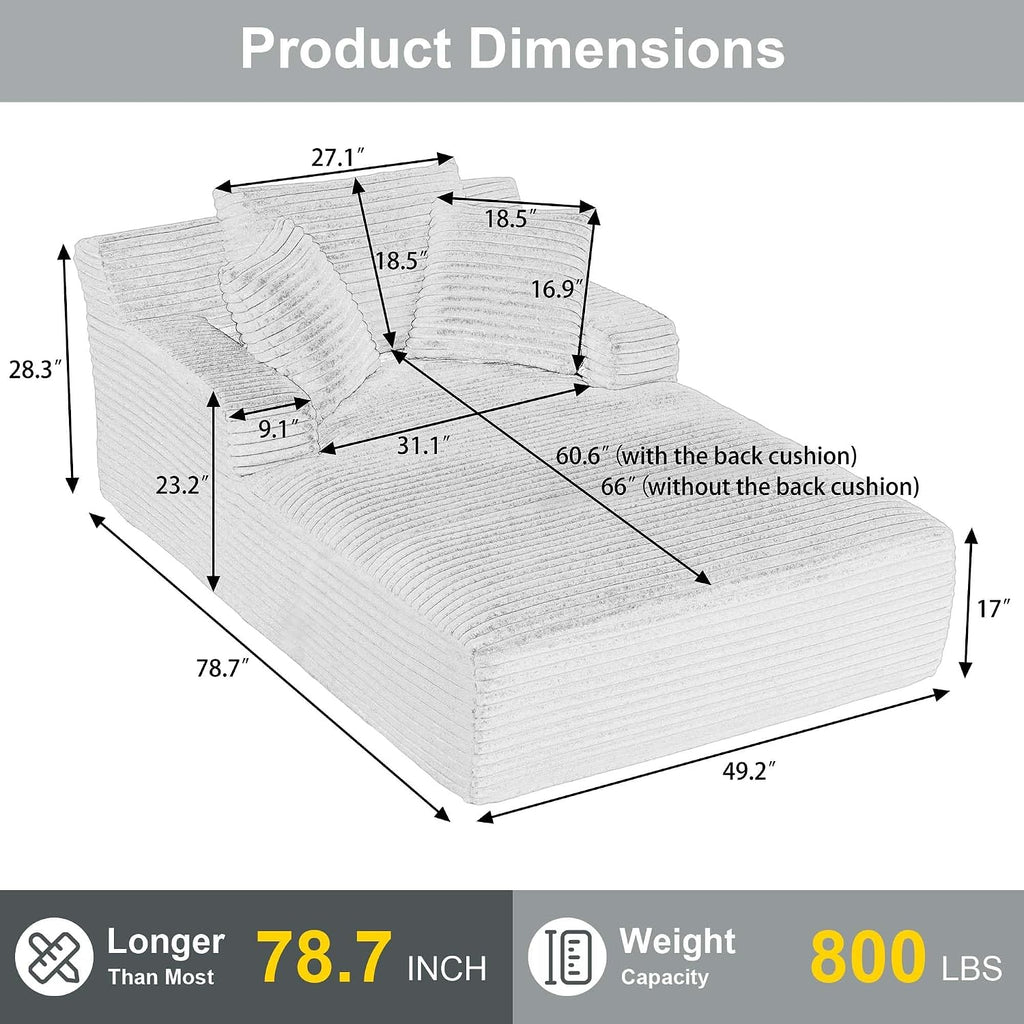 Tmsan Oversized Chaise Lounge Chair Indoor, 78.7" Extra Deep Boneless Corduroy Lounge Couch Bed with 2 Pillows, Single Seat Reading Chairs for Living Room,Bedroom,Apartment,No Assembly Required
