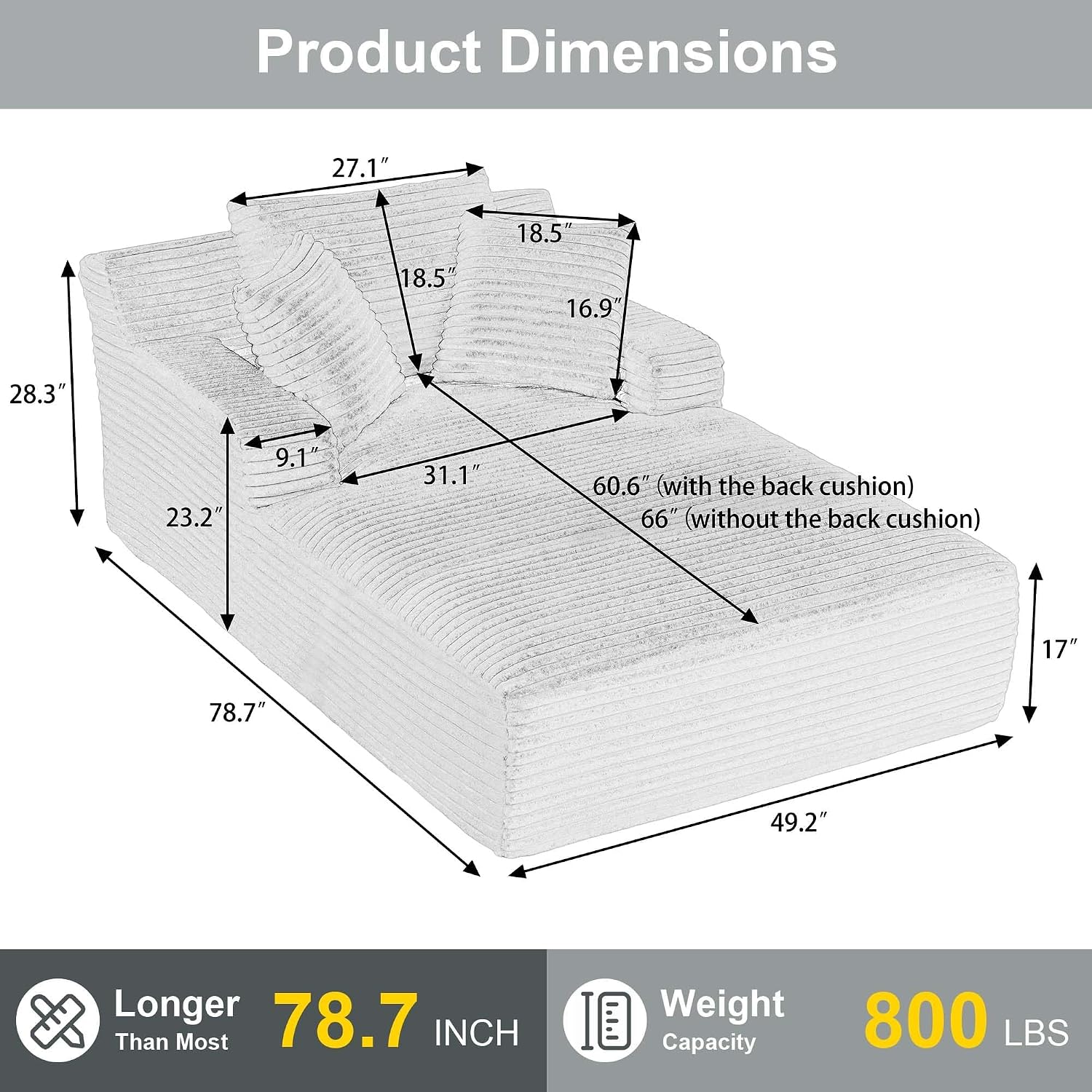 Tmsan Oversized Chaise Lounge Chair Indoor, 78.7" Extra Deep Boneless Corduroy Lounge Couch Bed with 2 Pillows, Single Seat Reading Chairs for Living Room,Bedroom,Apartment,No Assembly Required