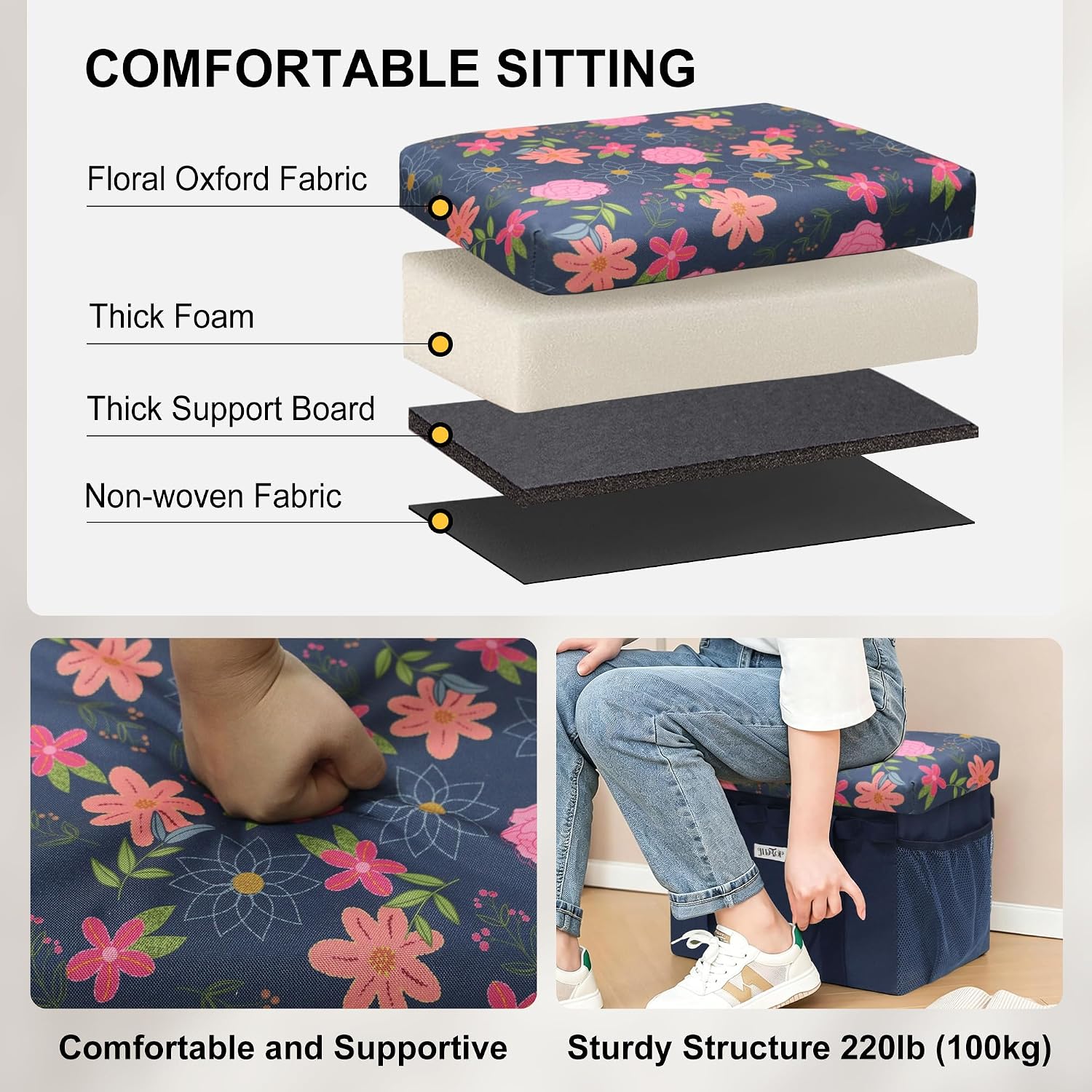 49L Floral Foldable Storage Ottoman 220lb Heavy Duty Sitting Stool | 2-in-1 Seating footrest, Thick floral padded seat, Mesh side pockets, Padded handles, For home camping picnic