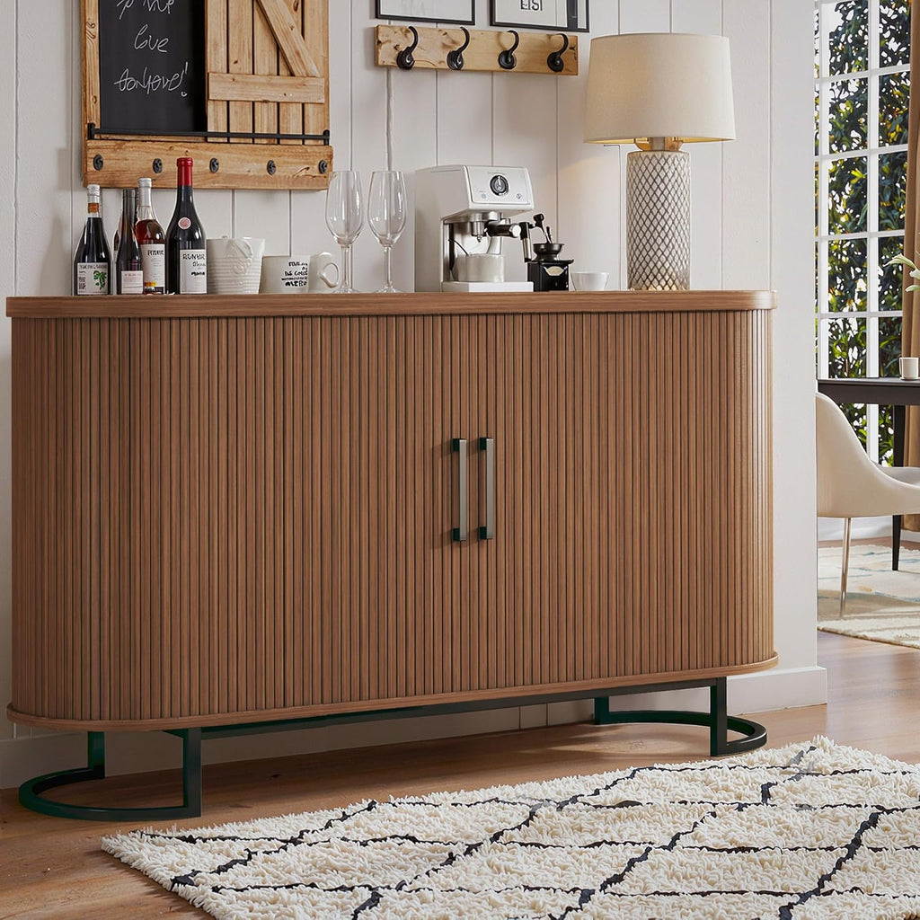 HUAHUU Sideboard Buffet Cabinet with Storage, 54.3" Fluted Tambour, Adjustable Shelves, Mid Century Modern Console for Living Room Kitchen Walnut