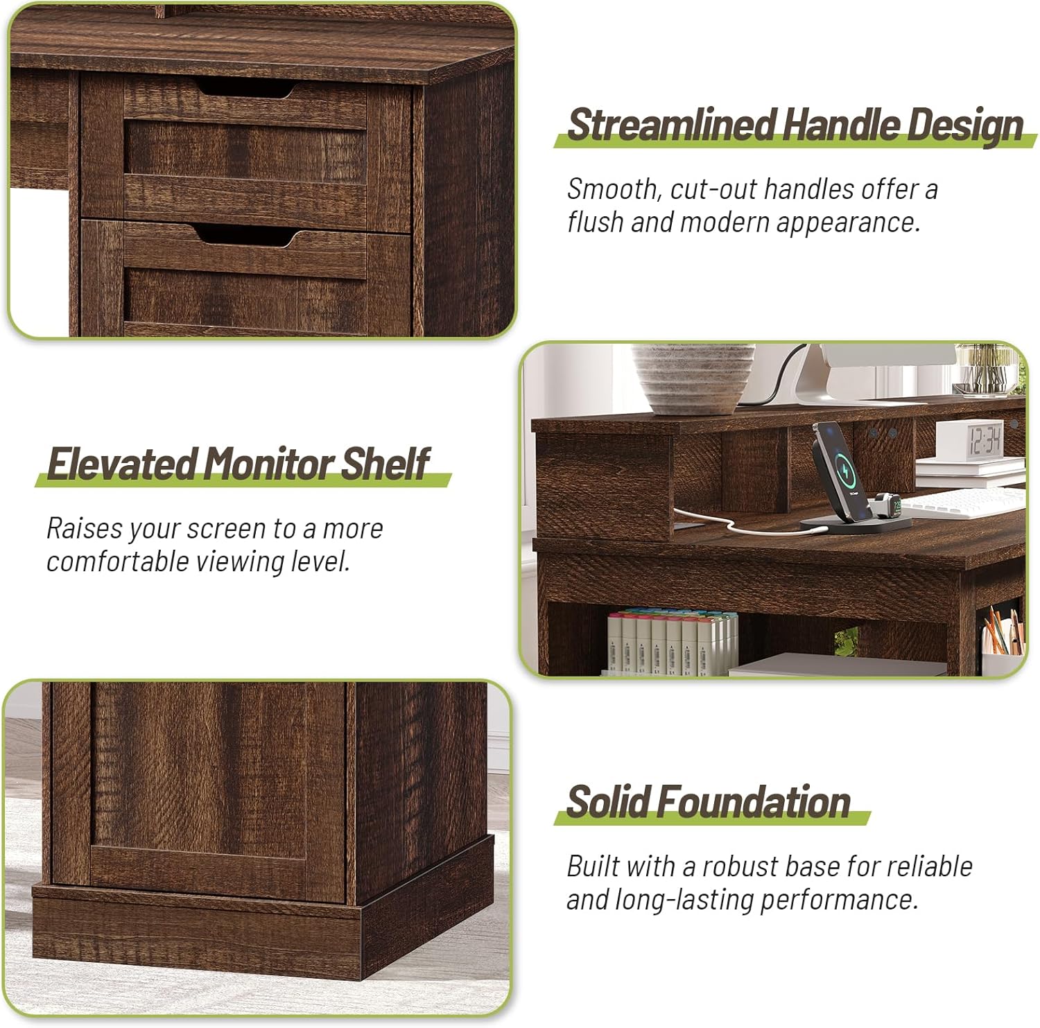 55inch Farmhouse Executive Desk with 2 Drawers and File Cabinet, Computer Desk with 3-Tier Storage Shelves, Home Office Desk with Charging Station, Pegboard and Monitor Shelf, Brown