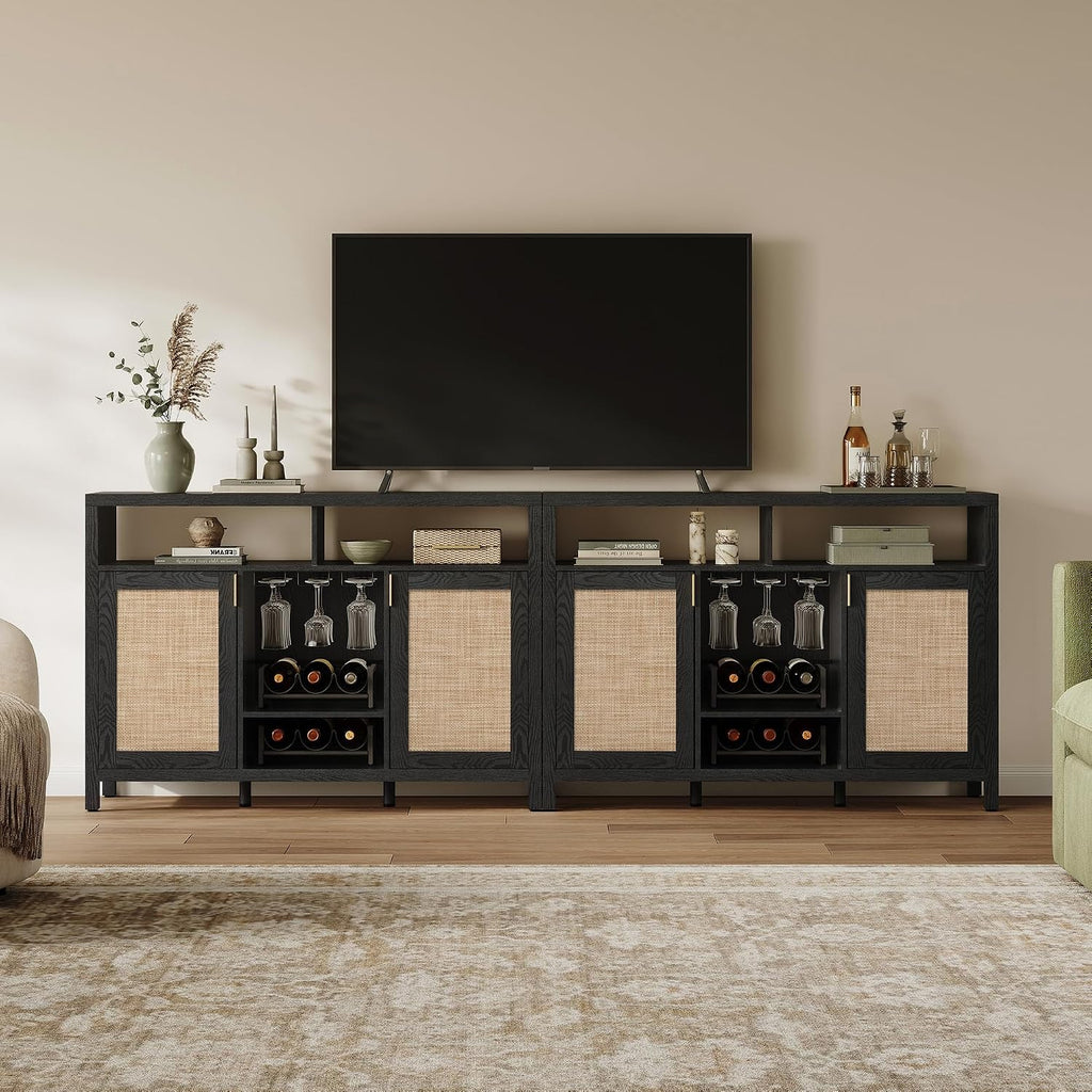 SICOTAS Rattan Coffee Bar Cabinet with Wine Racks & Metal Stemware Holders | 51" Sideboard Buffet Cabinet with Storage, Modern Liquor Cabinet Boho Credenza Buffet Table for Living Dining Room, Black Oak