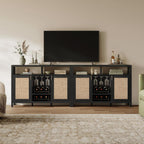 SICOTAS Rattan Coffee Bar Cabinet with Wine Racks & Metal Stemware Holders | 51" Sideboard Buffet Cabinet with Storage, Modern Liquor Cabinet Boho Credenza Buffet Table for Living Dining Room, Black Oak