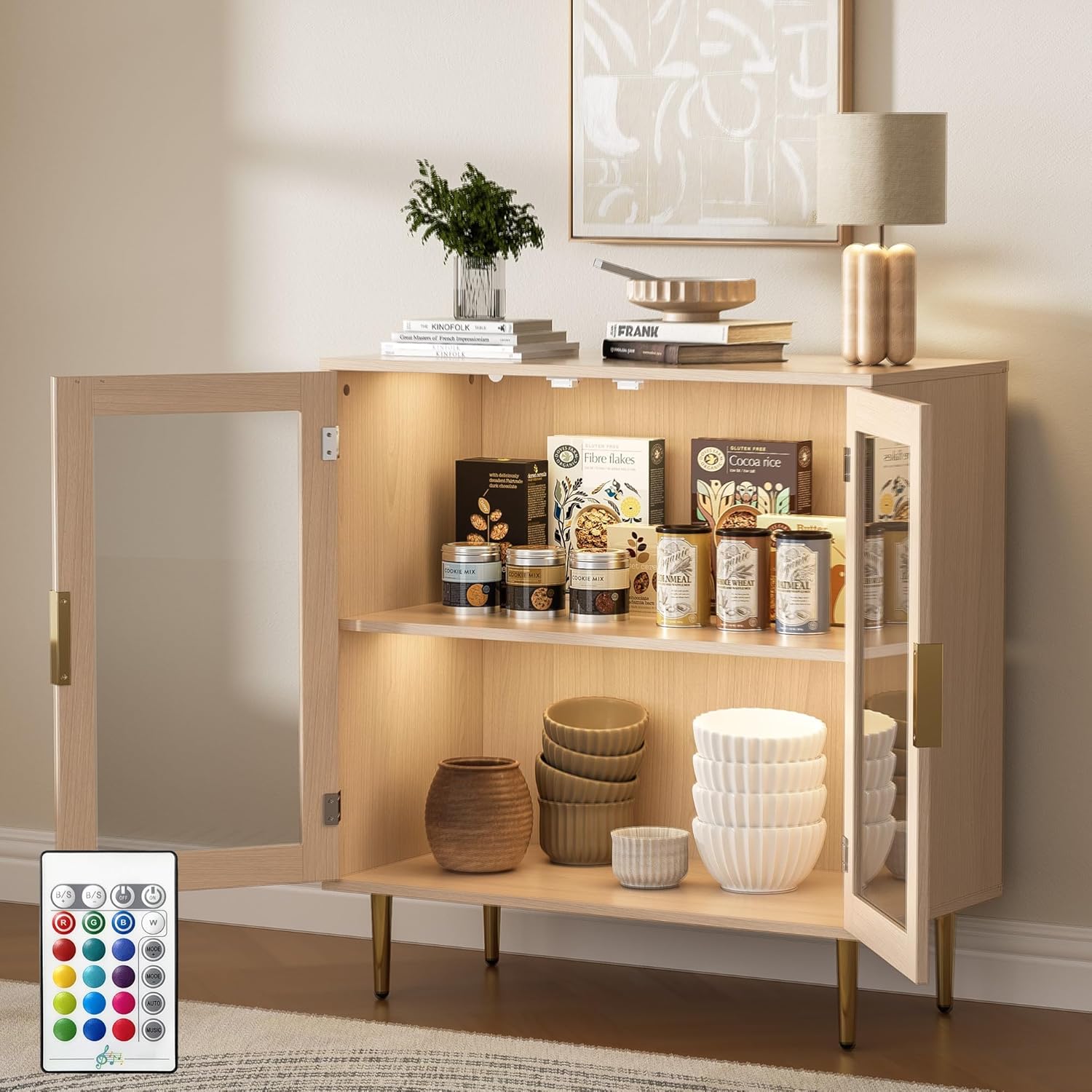 Housoul Buffet Cabinet with LED Lights, Sideboard Cabinet with 2 Doors Acrylic, 32" Modern Buffet Cabinet with Shelf, Coffee Bar Cabinet for Living Room, Kitchen, Oak