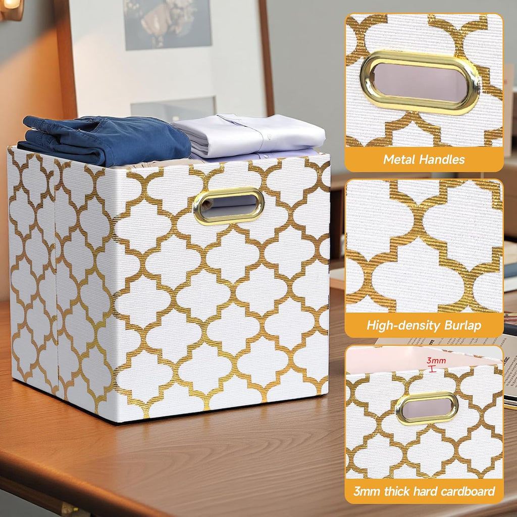 Posprica 13x13x13 Storage Cube Bins, Collapsible Storage Bins Fabric Storage Cubes Organizer Baskets Box Drawers for Shelves, Closet, Wardrobe, Bookshelf, Cabinet, Cream/Gold Lantern, 4 Pack