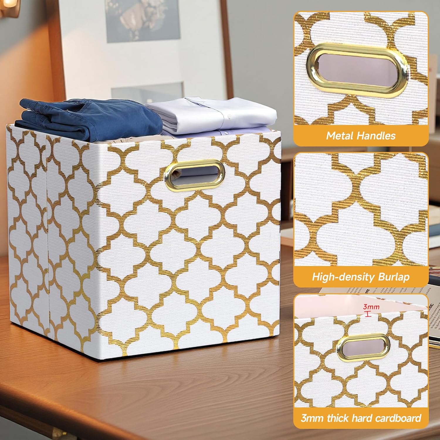 Posprica 13x13x13 Storage Cube Bins, Collapsible Storage Bins Fabric Storage Cubes Organizer Baskets Box Drawers for Shelves, Closet, Wardrobe, Bookshelf, Cabinet, Cream/Gold Lantern, 4 Pack