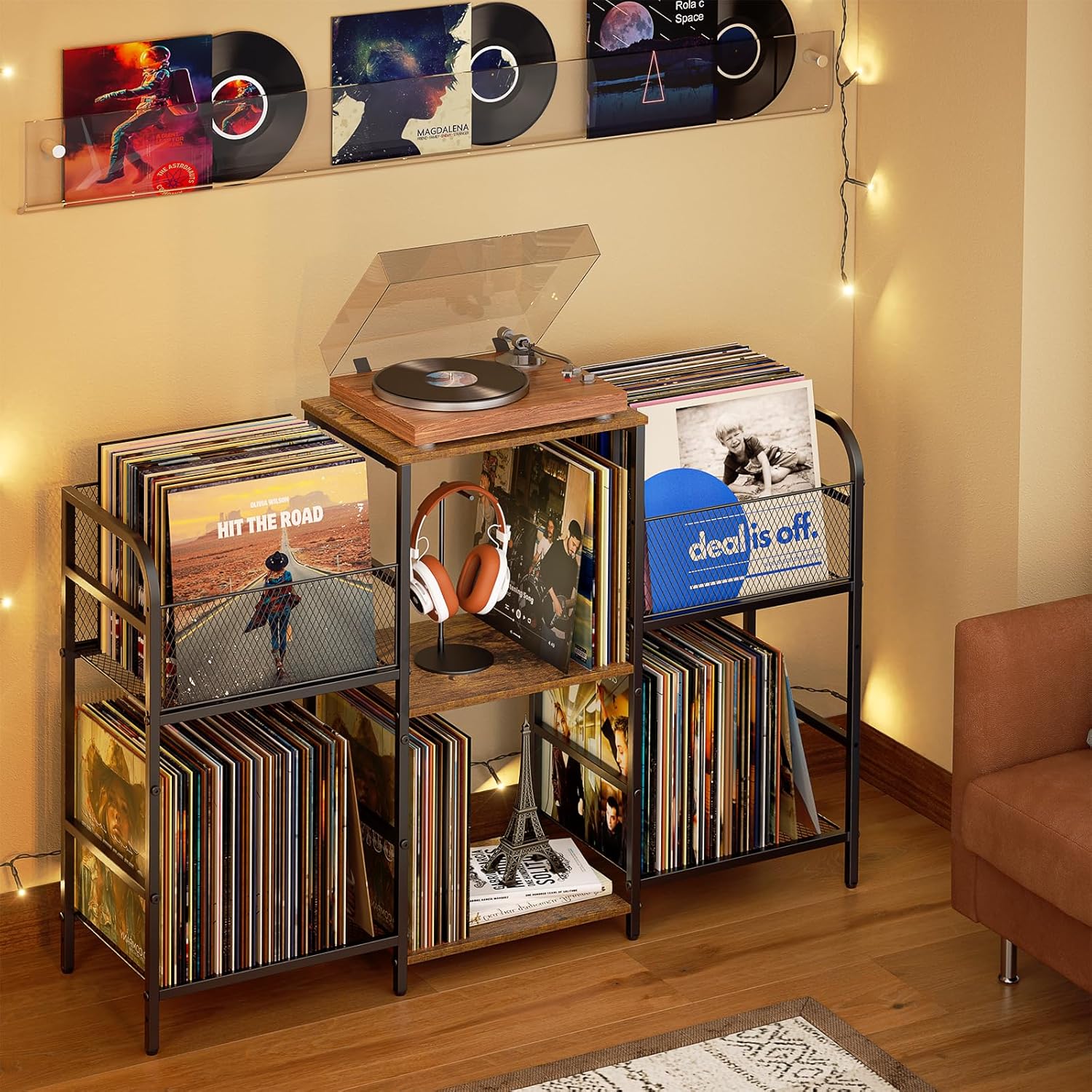 3IngSeagulls Record Player Stand with Vinyl Storage, Record Storage for 350+ Albums, Tuntable Stand with Record Holder for Living Room, Record Holder Vinyl Display Shelf