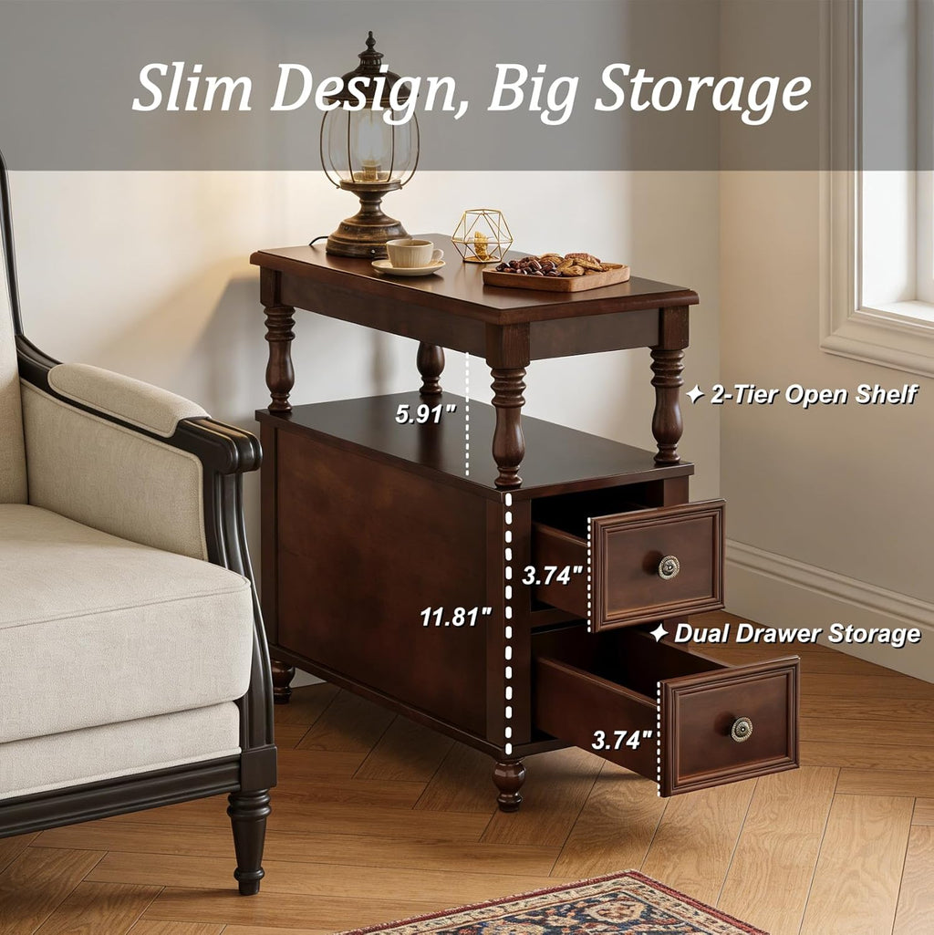Tribesigns Solid Wood End Table, Vintage Side Table with 2 Drawers & 2-Tier Open Shelf, Mid-Century Nightstand, Slim Bedside Table for Small Space, Bedroom, Living Room, Cherry Finish