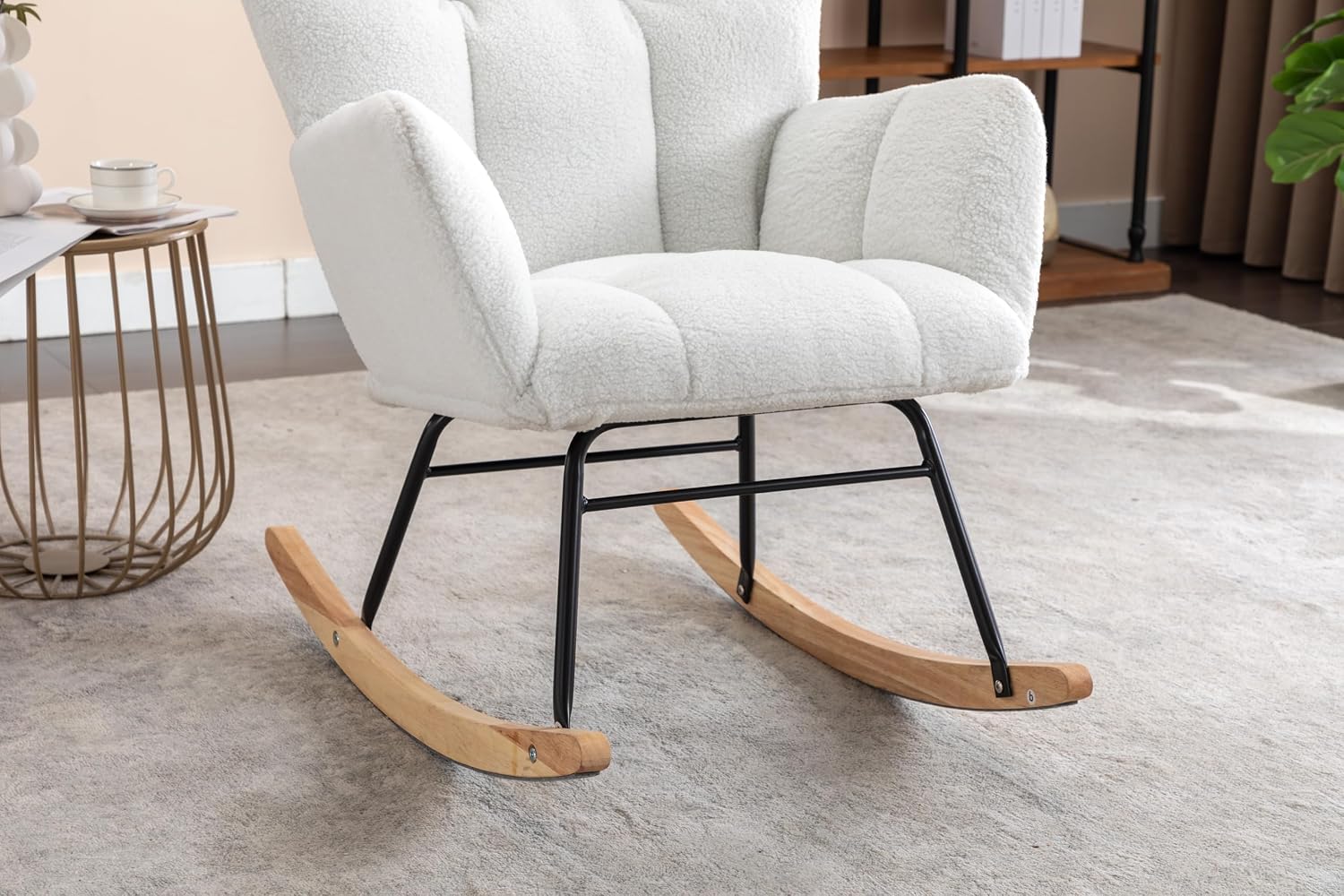 Adulto Teddy Fabric Rocking Chair Outdoor Indoor, Wooden Rocking Chair,A1 | Soft teddy fabric rocking chair with sturdy wooden frame, metal base, and floor protection. Ideal for indoor nursery, li
