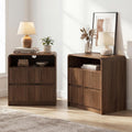 Seang Nightstand Set of 2,Fluted Nightstand with Charging Station & LED Light,Wooden Bedside Table with Curved Profile Design,2 Drawers Storage,Large End Table for Bedroom,Walnut