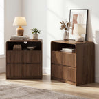Seang Nightstand Set of 2,Fluted Nightstand with Charging Station & LED Light,Wooden Bedside Table with Curved Profile Design,2 Drawers Storage,Large End Table for Bedroom,Walnut