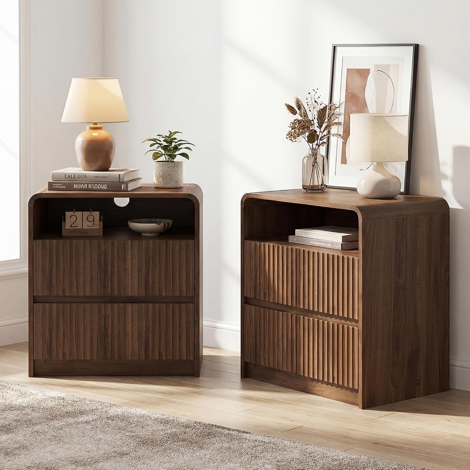 Seang Nightstand Set of 2,Fluted Nightstand with Charging Station & LED Light,Wooden Bedside Table with Curved Profile Design,2 Drawers Storage,Large End Table for Bedroom,Walnut