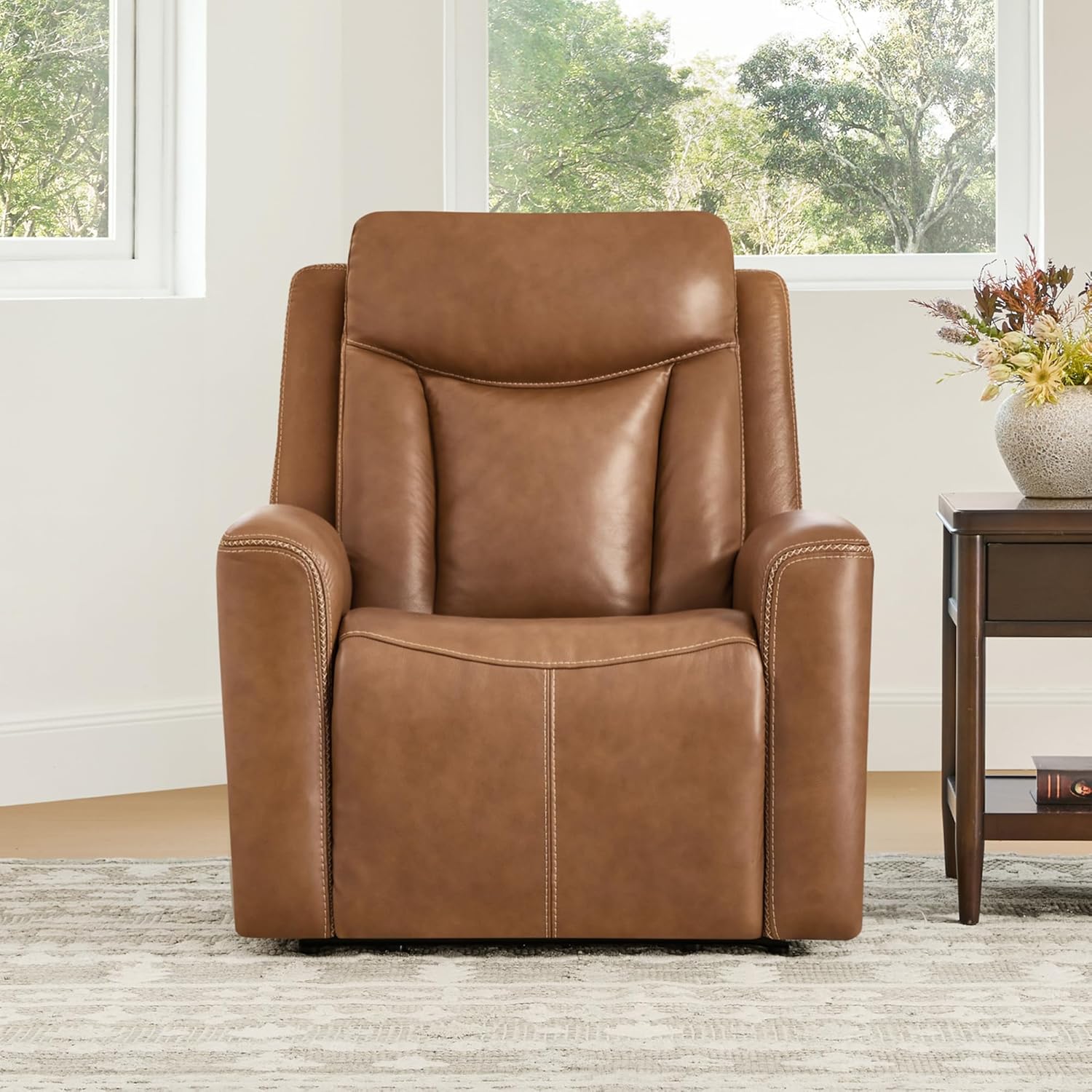 CHITA Genuine Leather Power Recliner Chair for Adults, Super Zero Gravity Recliner with Adjustable Power Headrest & USB/Type-C Ports, for Living Room, Bedroom & Home Theater, Saddle