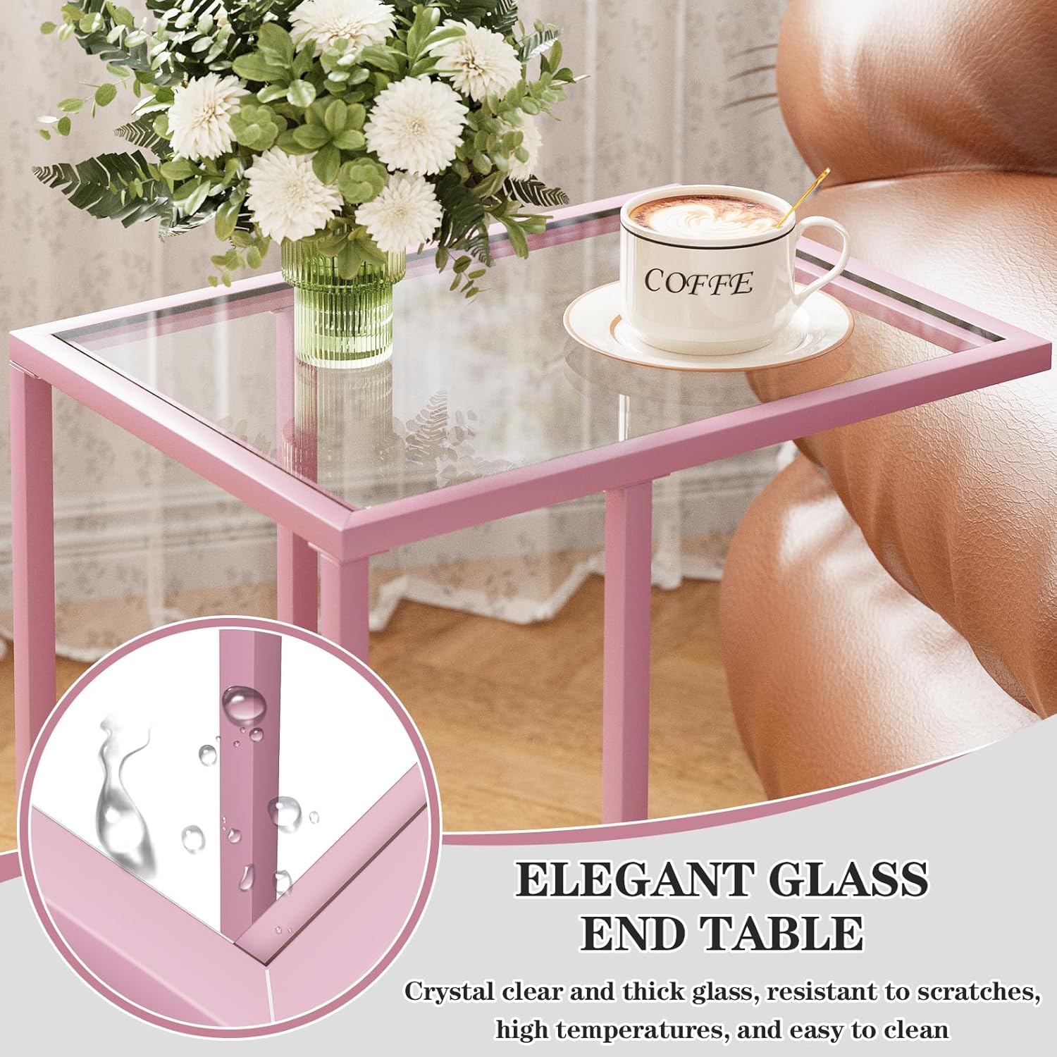 C Shaped End Table Set of 2, Small Side Couch Sofa Tables for Living Room,Glass Tv Tray Snack Dinner Table with Metal Frame, Easy Assembly (Pink)