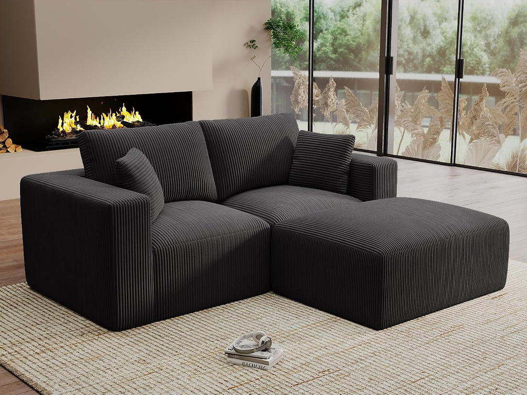 Modular Sleeper Sofa Couch Modern Sectional Couches for Living Room - 79" L-Shaped Boneless Cloud Couch - Easy Assembly Corduroy Convertible Sponge Compression Sofas with Chaise for Home House(Black)
