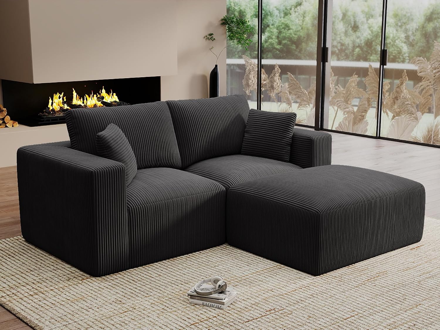 Modular Sleeper Sofa Couch Modern Sectional Couches for Living Room - 79" L-Shaped Boneless Cloud Couch - Easy Assembly Corduroy Convertible Sponge Compression Sofas with Chaise for Home House(Black)