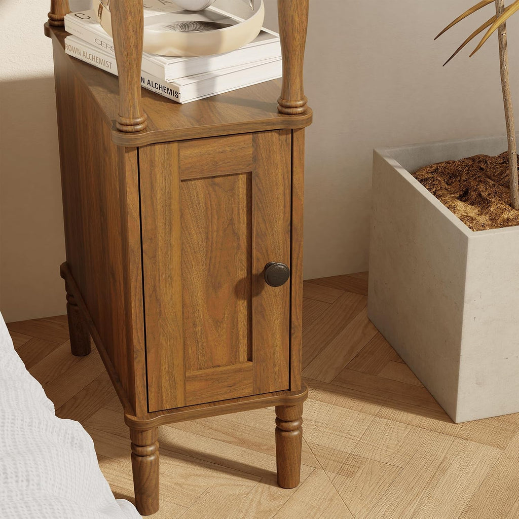 Veegle Narrow Nightstand,Mid-Century Modern Nightstand with Storage, Skinny End Side Table for Bedroom and Living Room(Walnut Brown)
