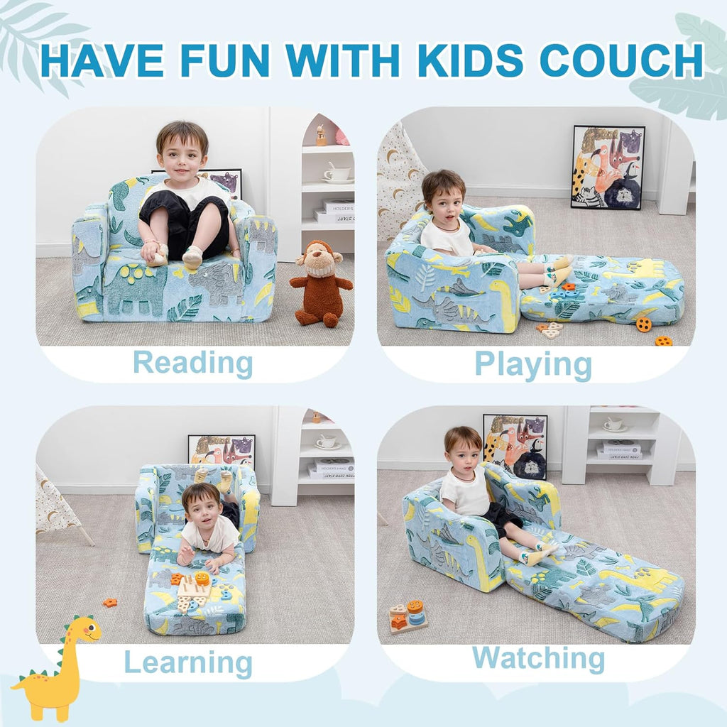 Airpanda Comfy Kids Chair and Couch with Blanket,2-in-1 Soft Fold Out Couch for Girls and Boys,Convertible Sofa Chair for Playroom, Green Dinosaur