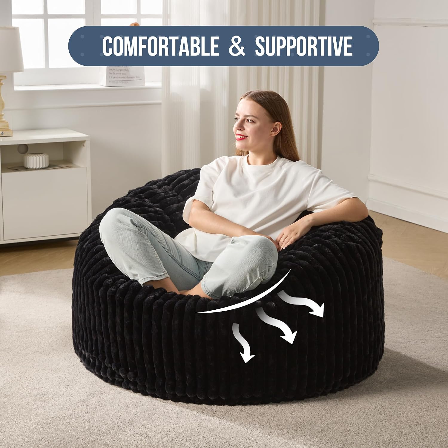 Hobestluk Adult Bean Bag Chair Giant Beanbag with Filling Living Room 3FT | Black Large Big Oversized Bean Bag Chair Memory Foam Filling Machine Washable Fluffy Cover Bedroom Dorm Reading Gaming
