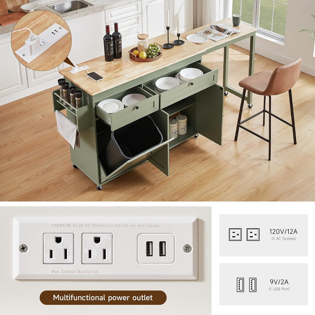 Kitchen Islands with Extendable Dining Table, Mobile Storage Islands, Green | 81.7" Rolling Kitchen Cart with Trash Cabinet, Power Outlet, Spice Rack & Towel Rack