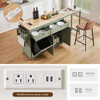 Kitchen Islands with Extendable Dining Table, Mobile Storage Islands, Green | 81.7" Rolling Kitchen Cart with Trash Cabinet, Power Outlet, Spice Rack & Towel Rack