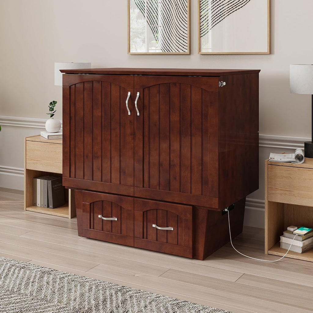 AFI, Sydney Twin Wood Murphy Bed Chest with 6" Mattress, Storage Drawer & Built-in USB Charger, Walnut