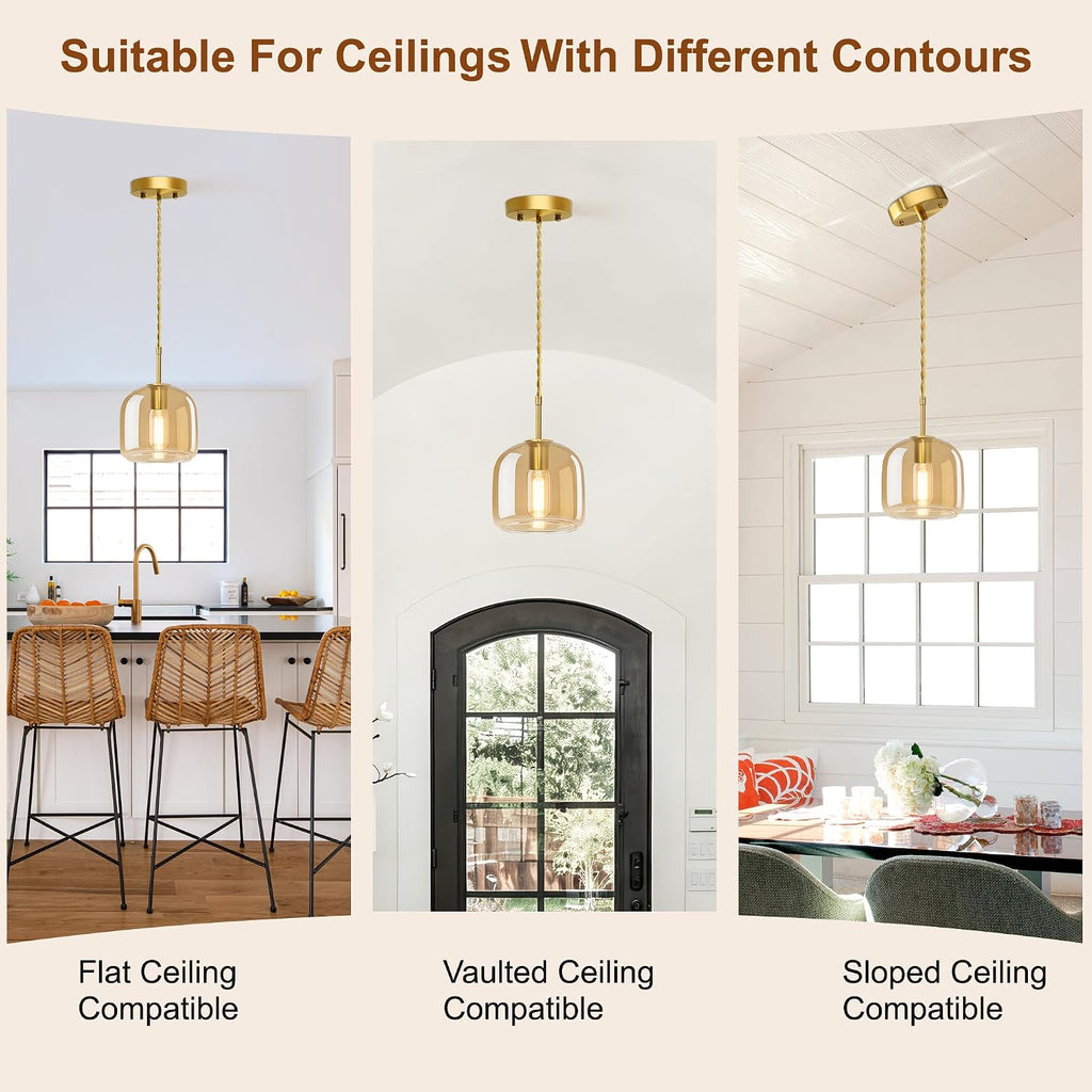 Pendant Lights Kitchen Island 2 Pack,Gold Pendant Lights with Glass Shade,Vintage Hanging Light Fixture Adjustable Cord for Kitchen,Dining Room,Hallway,Living Room,Foyer, Entryway