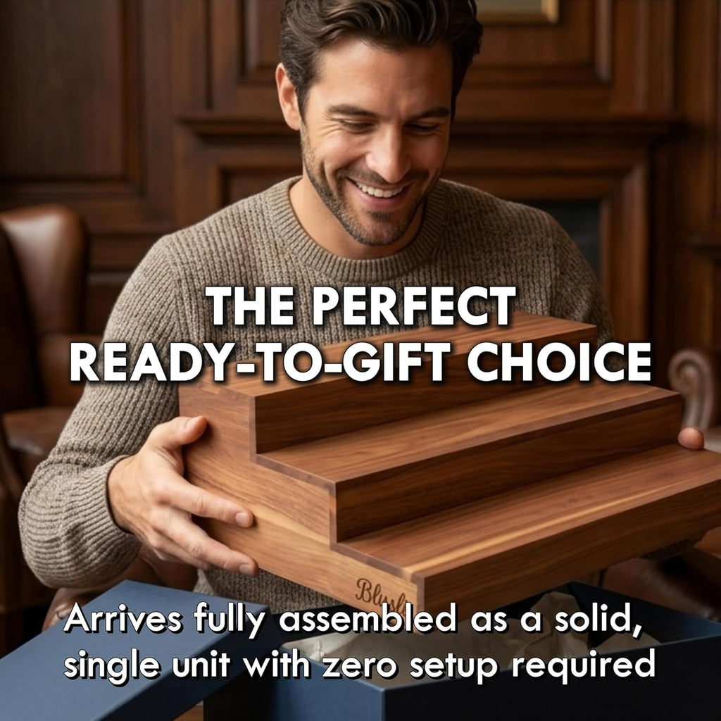 Premium Real Acacia Wood 3-Tier Liquor Bottle Display Shelf | No Assembly, Water Resistant, Extra Deep Steps, Bar Stand for Whiskey, Wine