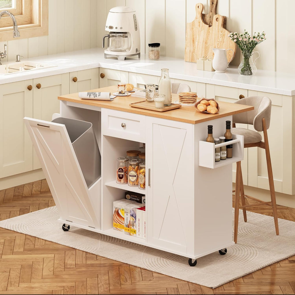 52" Rolling Kitchen Island with Drop Leaf & Trash Can Storage, Kitchen Island Cart with Spice Rack & Towel Rack, Mobile Island Table for Kitchen