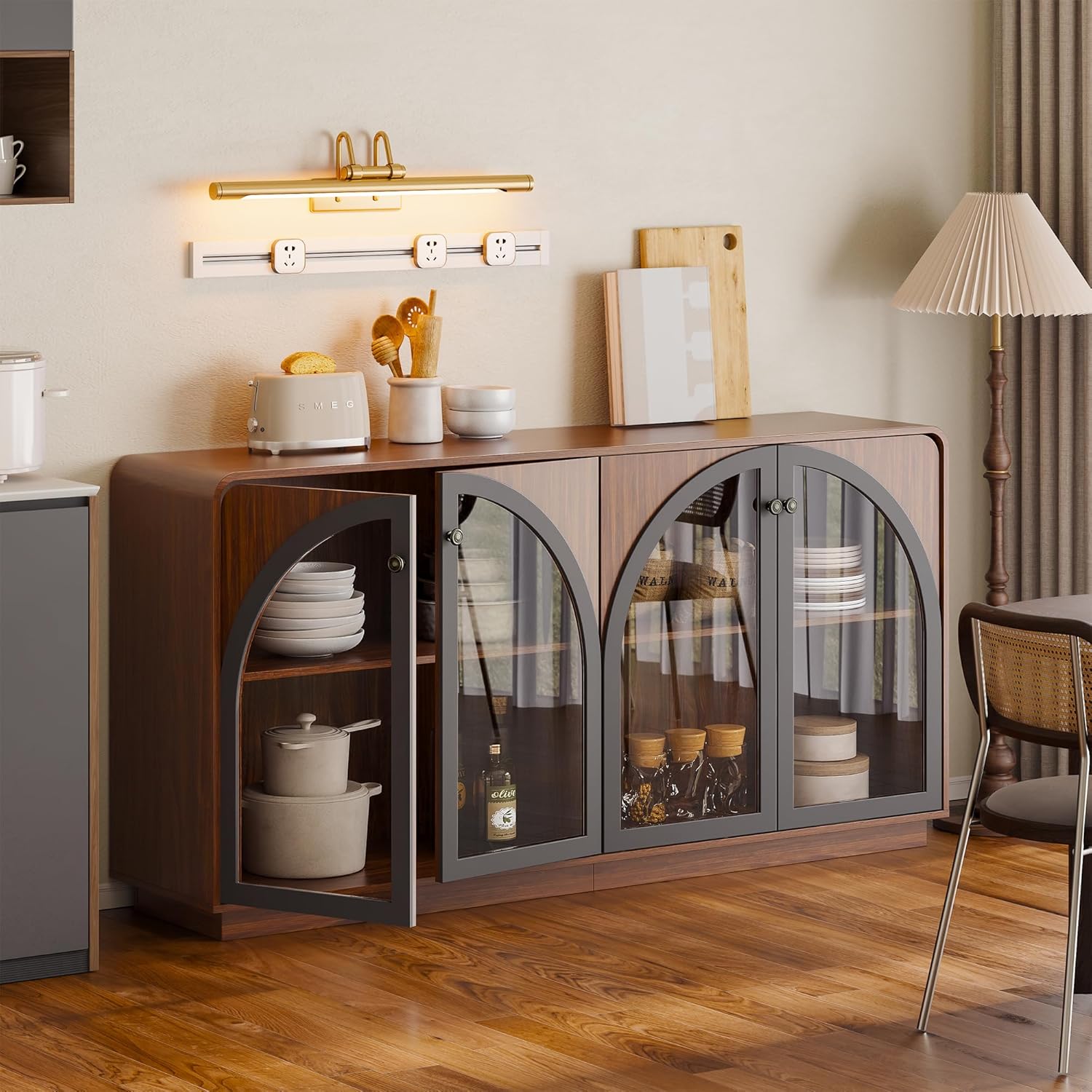 Sideboard Buffet Cabinet with Storage, Credenza Storage Cabinet for Living Room, Walnut Sideboard Wooden Accent Cabinet, Modern Coffee Bar Console Cabinet Walnut Buffet Cabinet with Arched Glass Doors