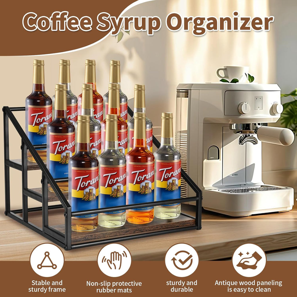 YQBRAO Coffee Syrup Rack Organizer, 3-Tier 12 Bottles Syrup Rack for Coffee Bar,Syrup Stand for Kitchen Coffee Station,Syrup Holder,Liquor Bottle Display Shelf