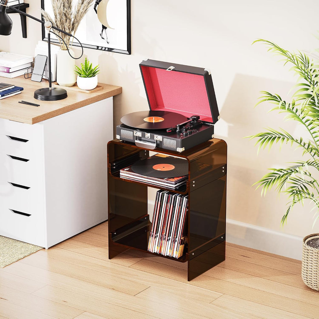 Acrylic Record Player Table with Storage Shelf, Clear Side Table Nightstand (Dark Brown, Large)
