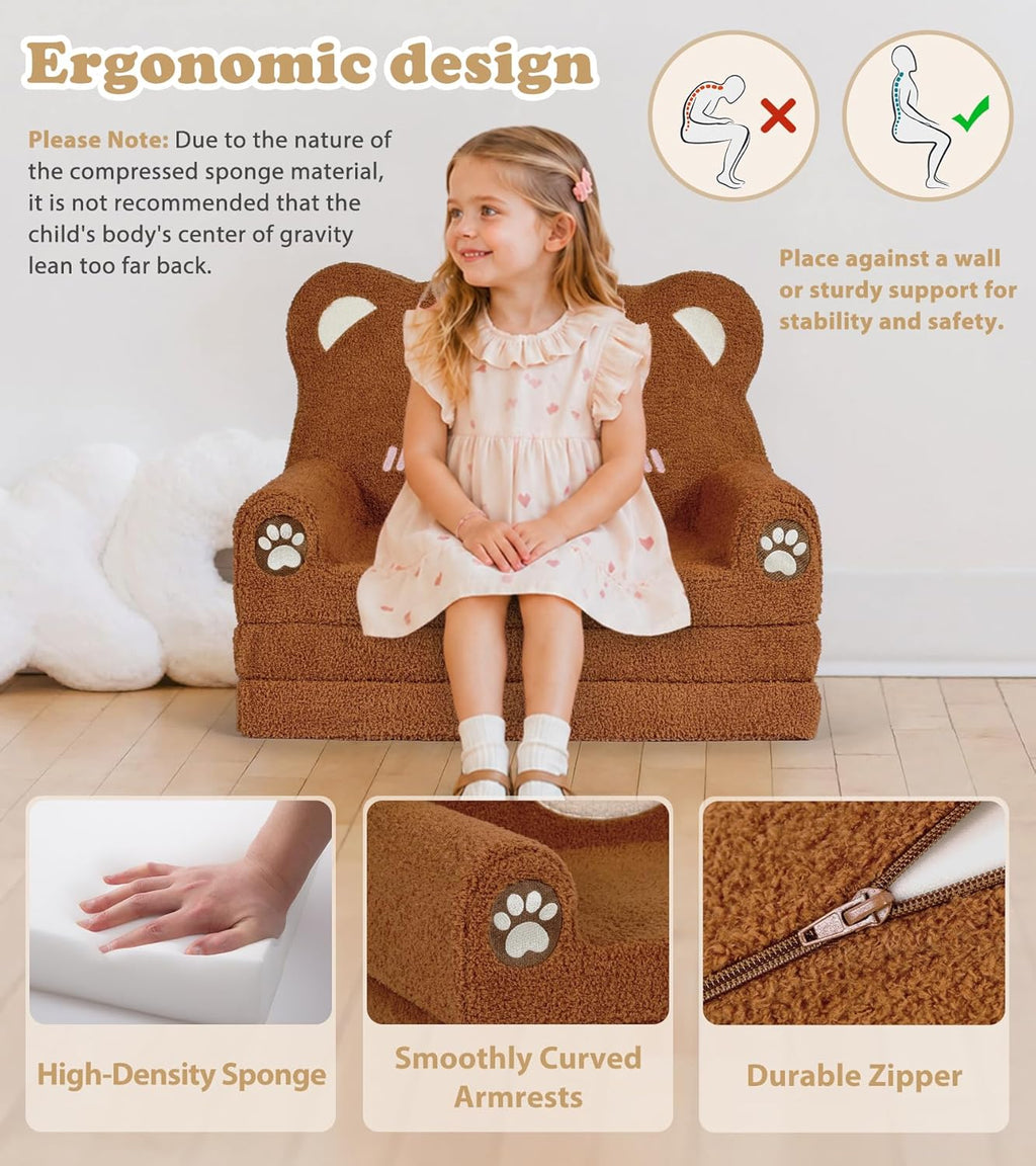 Foryoomi Kids Couch, 2-in-1 Soft Toddler Couch Fold Out with Blanket, Chair Comfy, Foldable Convertible Plush Sofa, Gifts for Kids Girl Boys, Bear