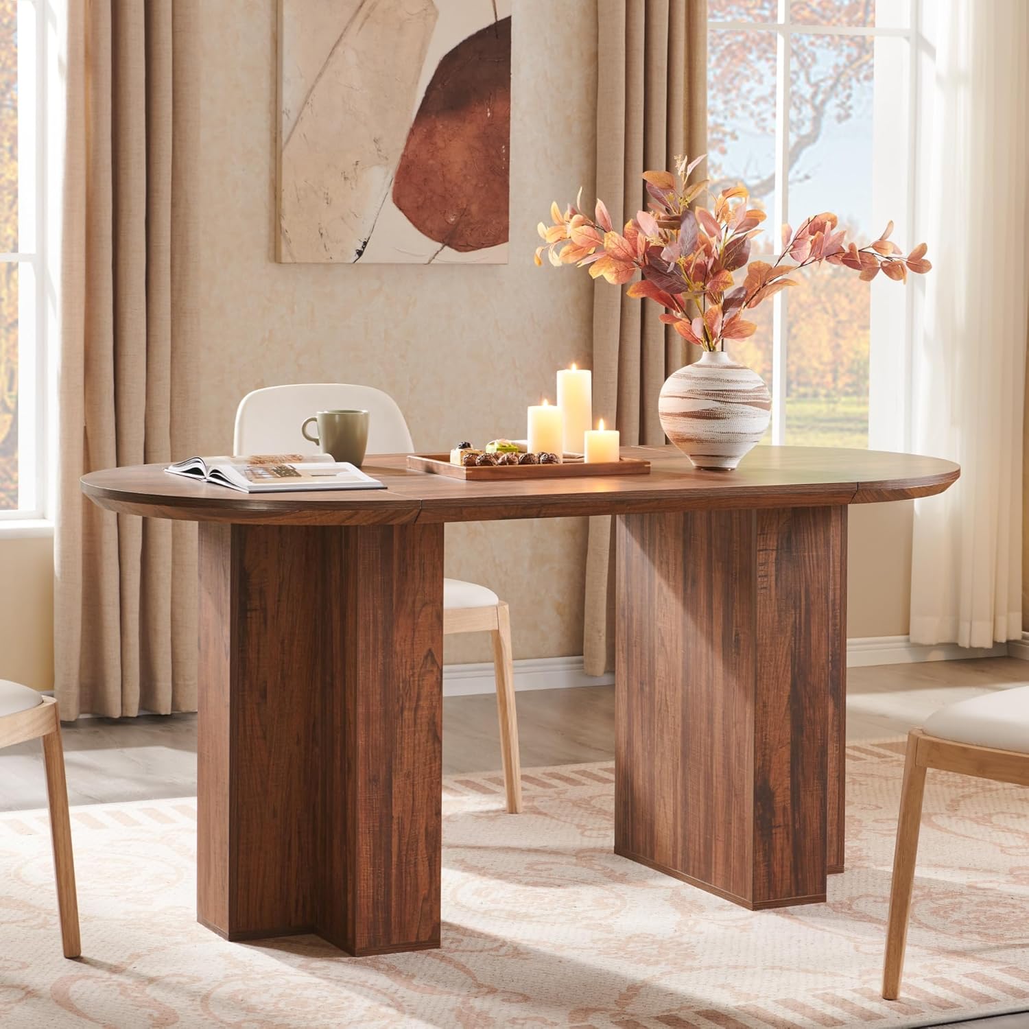 OKD 63 Inch Modern Wood Oval Dining Table for 4-6, Dining Room Table with Stable T-Shaped Base & Metal Frame & Thick Tabletop, Sturdy Kitchen Table for Dinner Room, Kitchen, Rustic Walnut