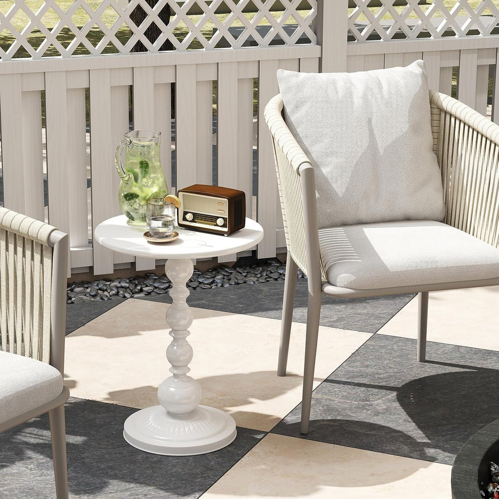 Funecy Metal Small End Table,Vintage Matte Black Round Side Table Nightstand for Bedside or Sofa,Small Accent Pedestal Table for Living Room Corners Bedroom Patio and bar (Light White)