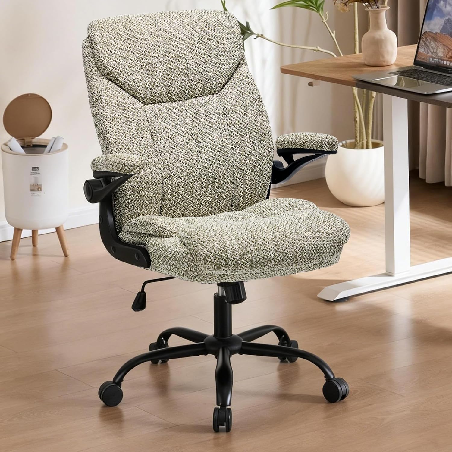 Fabric Executive Office Chair - Ergonomic Computer Chair with Flip-up Arms Comfy Cloth Home Desk Chairs Mid Back Support Adjustable Height Tilt Lock Swivel Rolling Wheels, LightGreen
