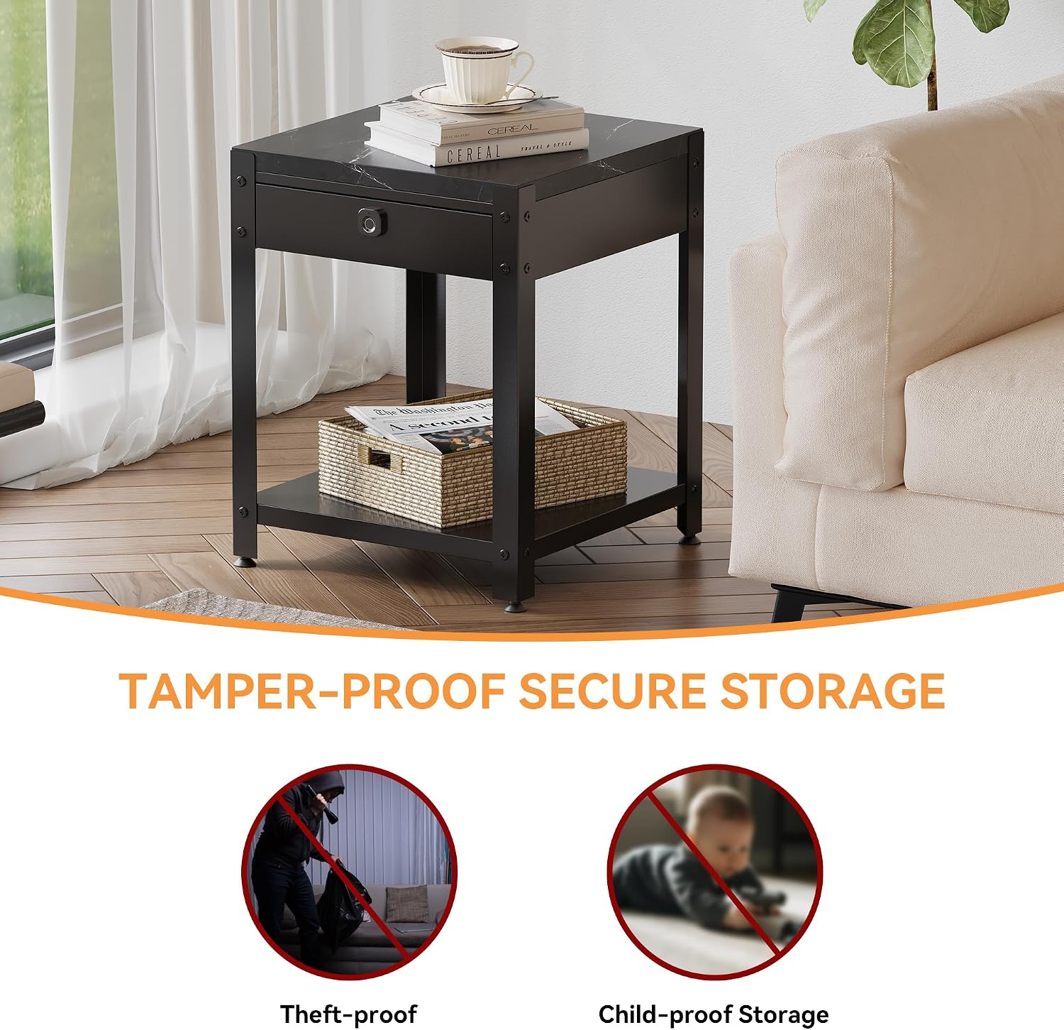 Modern End Table with Hidden Locking Compartment, Nightstand with Biometric Fingerprint Lock Drawer, Side Table with Open Shelf, Waterproof Top, for Bedroom & Living Room, Black