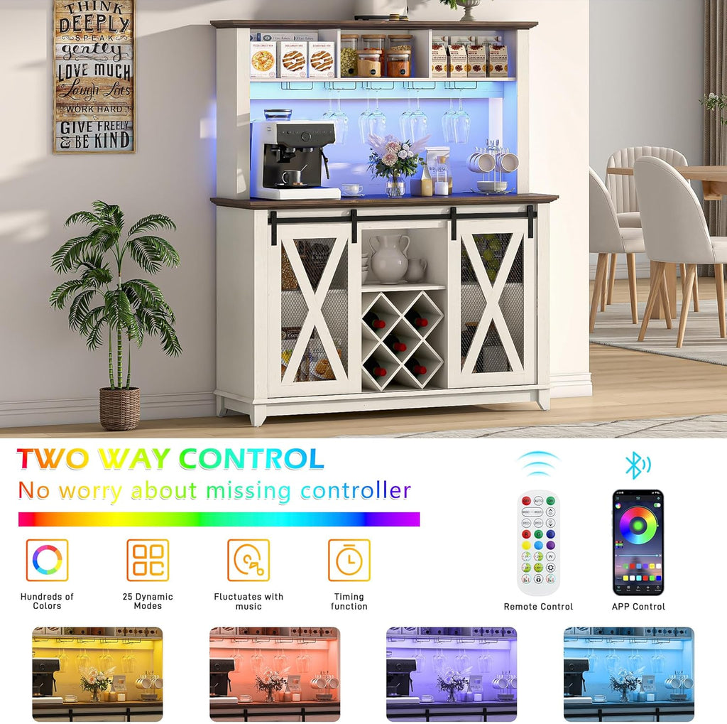 47"Wide 56"H Farmhouse Coffee Bar Cabinet with Power Outlet and LED Light,Wine Bar Cabinet w/3 Storage Hutch,Kitchen Buffet Cabinet with 10 Wine and Glass Racks for Kitchen Dining Room(Antique White)