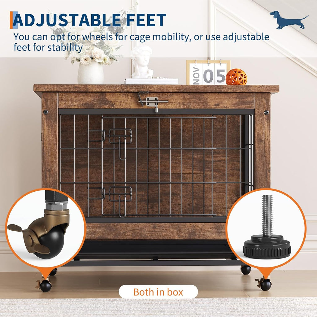 Rustic Brown Wooden Dog Crate End Table with Dual Doors & Lockable Wheels, Indoor Kennel for Small Medium Dogs 26.4" w×19.7" d×25.6" h