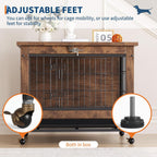 Rustic Brown Wooden Dog Crate End Table with Dual Doors & Lockable Wheels, Indoor Kennel for Small Medium Dogs 26.4" w×19.7" d×25.6" h