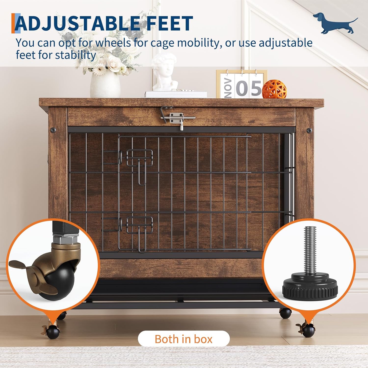 Rustic Brown Wooden Dog Crate End Table with Dual Doors & Lockable Wheels, Indoor Kennel for Small Medium Dogs 26.4" w×19.7" d×25.6" h