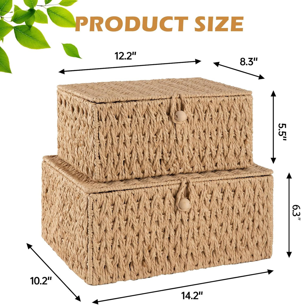 OIAHOMY Wicker Storage Basket with Lid & Lock, Lidded Storage Bins, Decorative Baskets for Organizing, Set of 2-Natural