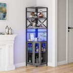Wine Bar Cabinet with Power Outlet, 6-Tiers Industrial Wine Cabinet with LED Light and Glass Holder, Corner Bar Cabinet with Adjustable Shelf and Mesh Door, Liquor Cabinet Bar for Home