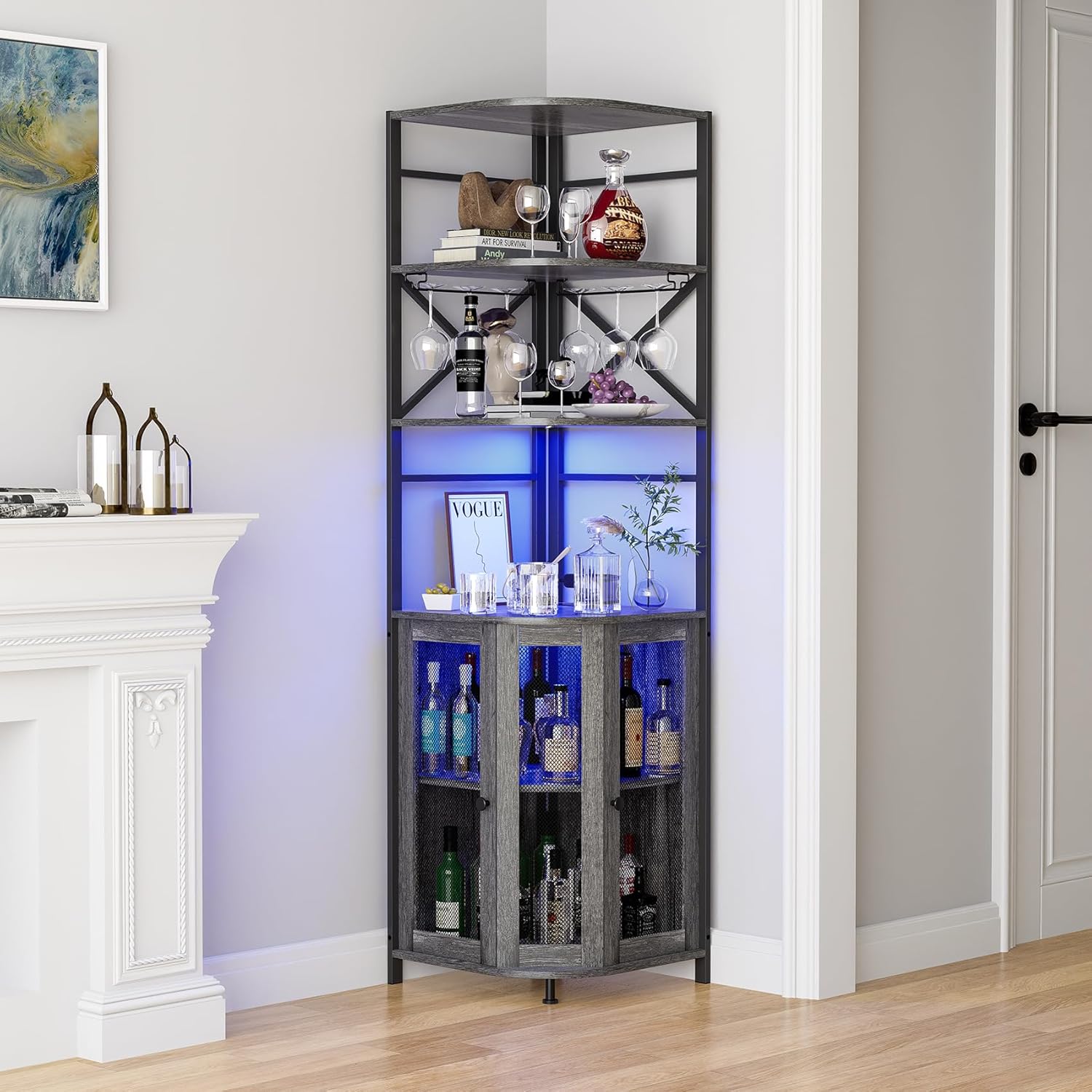Wine Bar Cabinet with Power Outlet, 6-Tiers Industrial Wine Cabinet with LED Light and Glass Holder, Corner Bar Cabinet with Adjustable Shelf and Mesh Door, Liquor Cabinet Bar for Home